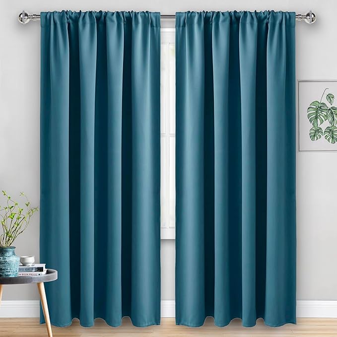 JIUZHEN Blackout Curtains for Bedroom - Thermal Insulated Room Darkening Rod Pocket Curtains for Living Room, Set of 2 Panels with Tiebacks, 70 x 96 Inch Length, Stone Blue