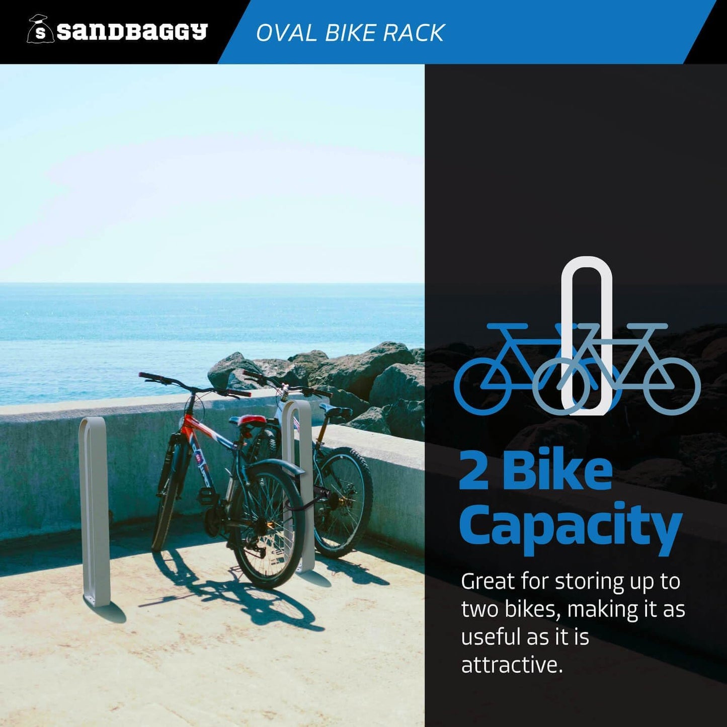 Sandbaggy Modern Commercial Bike Rack | 6.5” x 3” x 35” Oval Design | In-Ground | Anchor Bolts Included (Blue, 8)