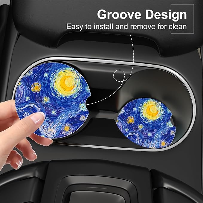 Car Cup Holder Coaster, Car Coasters for Cup Holders, 4 Pack Universal Anti Slip Insert Absorbent Ceramic Auto Interior Accessories with A Finger Notch & Cork Base, Starry Night