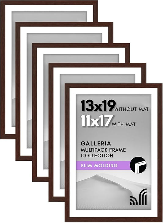 Americanflat 13x19 Picture Frame with Polished Plexiglass - Set of 5 - Use as 11x17 Frame with Mat or Display 13x19 Photo Without Mat - Galleria Collection - Picture Frames for Wall Display - Mahogany