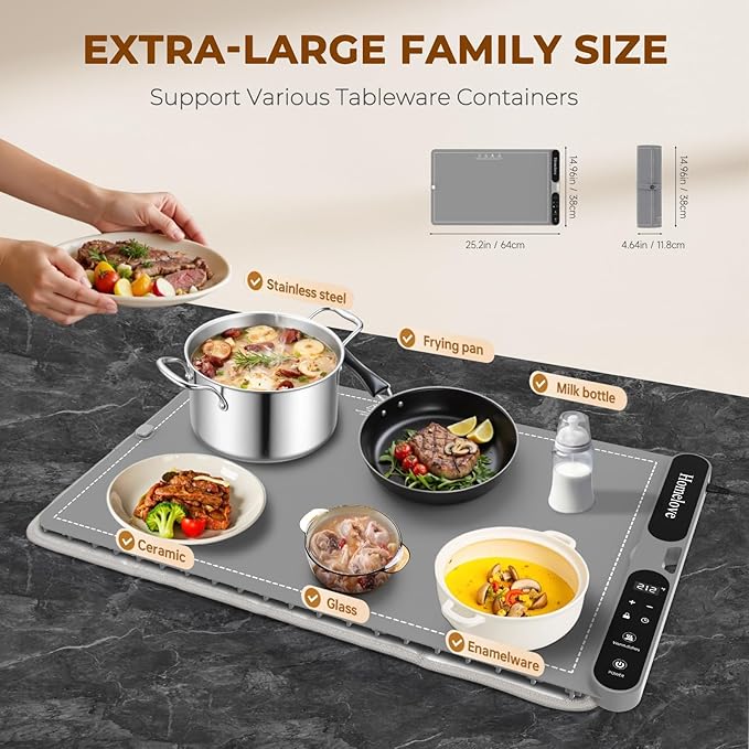 Homelove Food Warming Mat for Parties Buffet - Full Surface Fast Heating Electric Warming Tray with 7 Temp-Settings & 8H Timer, Portable Roll Up Food Warmer with Heat Insulation Pad XL-Grey