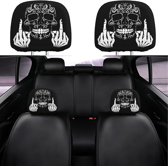 Dujiea 2 Pack Funny Skull Car Headrest Covers, Universal Soft Car Seat Head Rest Cover Protector, Vehicle Accessories Fabric Headrest Cover for Cars Vans Trucks