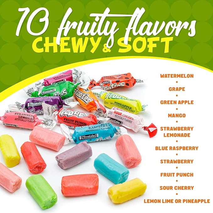 TOOTSIE FROOTIES Taffy Candy Assorted Mix (10 Flavors) – Tootsie Rolls Bulk Bag, Individually Wrapped, Fruit Chews, Gluten and Peanut Free, Ultimate Variety, 1 lb (145 Pieces)