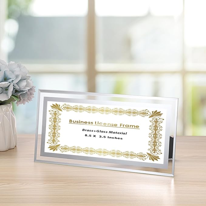 JUXYES Clear Glass Business License Frame for Wall and Tabletop - Display Picture or Retail Licenses, Transparent Certificate Holder for License Cosmetology Salon Esthetician, 3.5 x 8.5 Inches