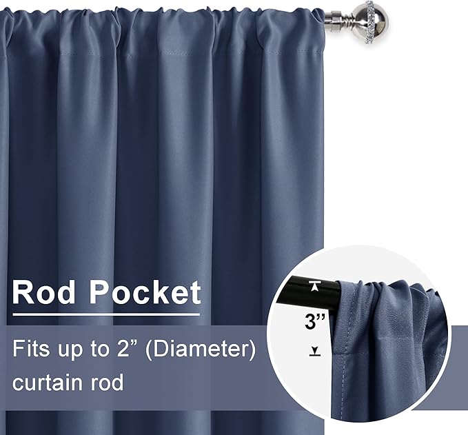 JIUZHEN Blackout Curtains for Bedroom – Thermal Insulated,Noise Reducing Room Darkening Privacy Rod Pocket Drapes for Living Room, Set of 2 Panels with Tiebacks, 42 x 54 inch Long,Dusty Blue