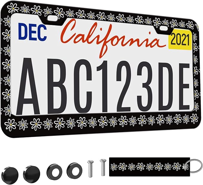 1pcs Black and White Daisy License Plate Frame for Women, Daisies Floral car Decorative tag Frames Girly, Flower License Plate Cover Holder for Vehicle with Double Sided car Keychain tag