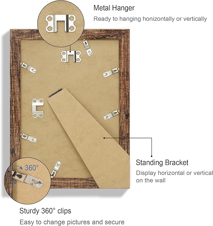 7x10 Picture Frame Set of 4, Made of Real Glass and Rustic Brown Frame - Display Picture 5.5x8.5 with Mat or 7x10 Without Mat, 7 by 10 Photo for Wall or Tabletop