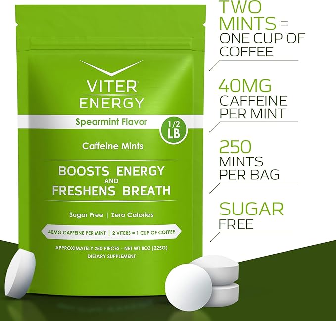 Viter Energy 40mg Caffeine Mints - Sugar Free, B Vitamins, Vegan, Boosts Fast Energized Alert Focus, Caffeinated Nootropic Supplement Pills (Spearmint Flavor, 8oz, Bulk Bag)
