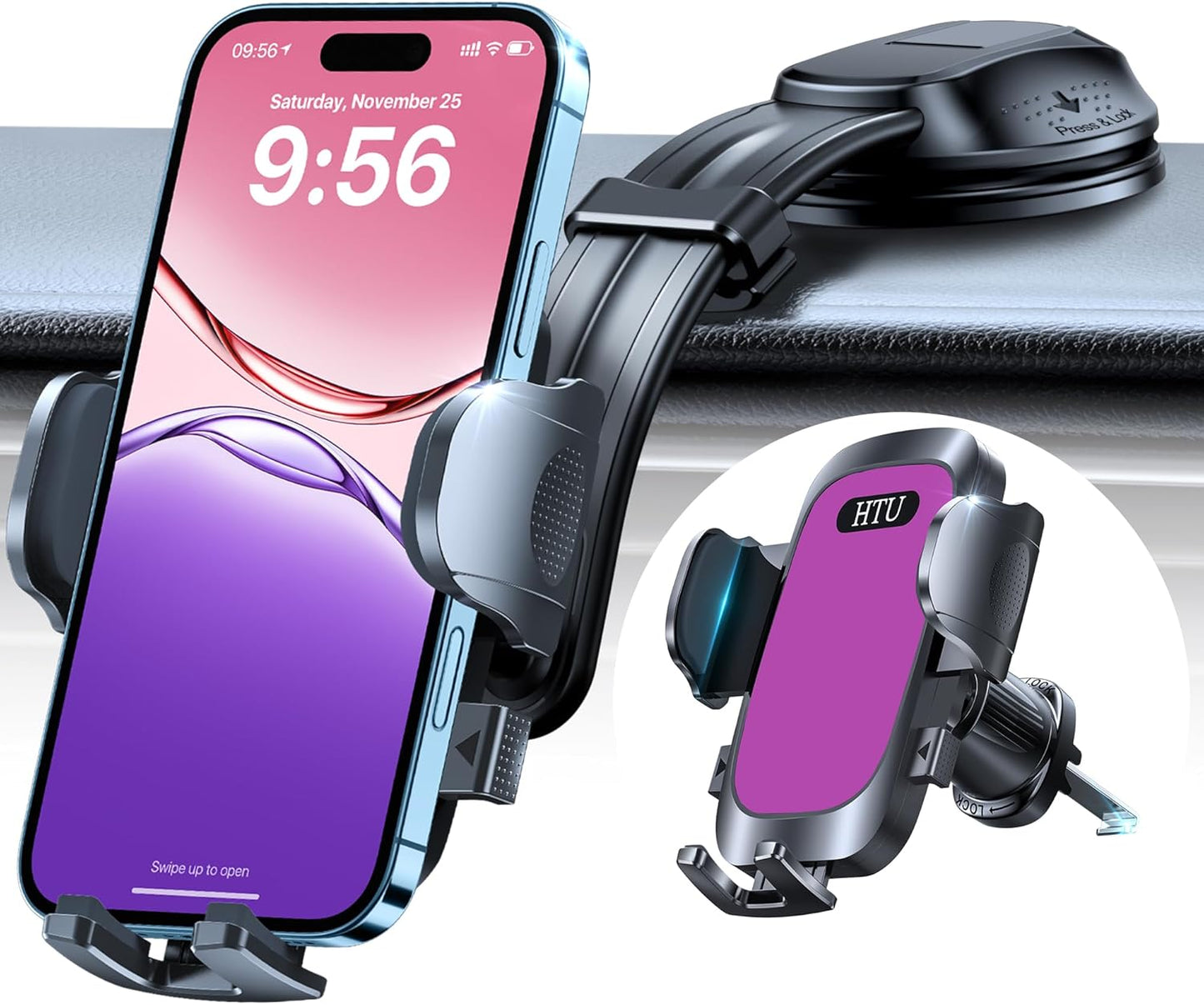HTU Upgraded Strongest Suction Car Phone Holder Bendable Arm, Never Block View Rotatable Cellphone Mount for Dashboard Windshield Vent, Cradle Stand for iPhone 16 15 14 13 12 Pro Max (Grape Purple)