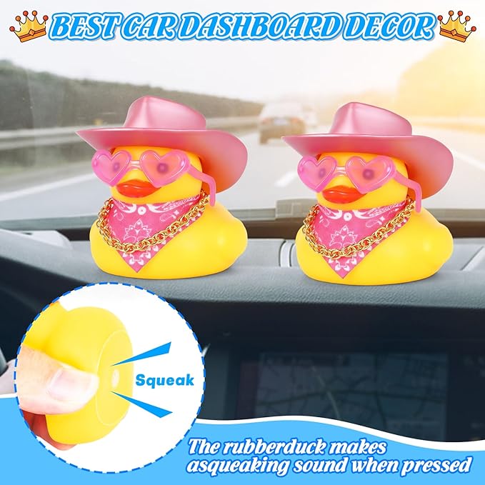 BOZILY Pink Rubber Ducks with Cowboy Hat, Necklace, Heart Sunglasses, Scarf, Funny Car Dashboard Decor, DIY Accessories for Car, Desk, Home Decoration