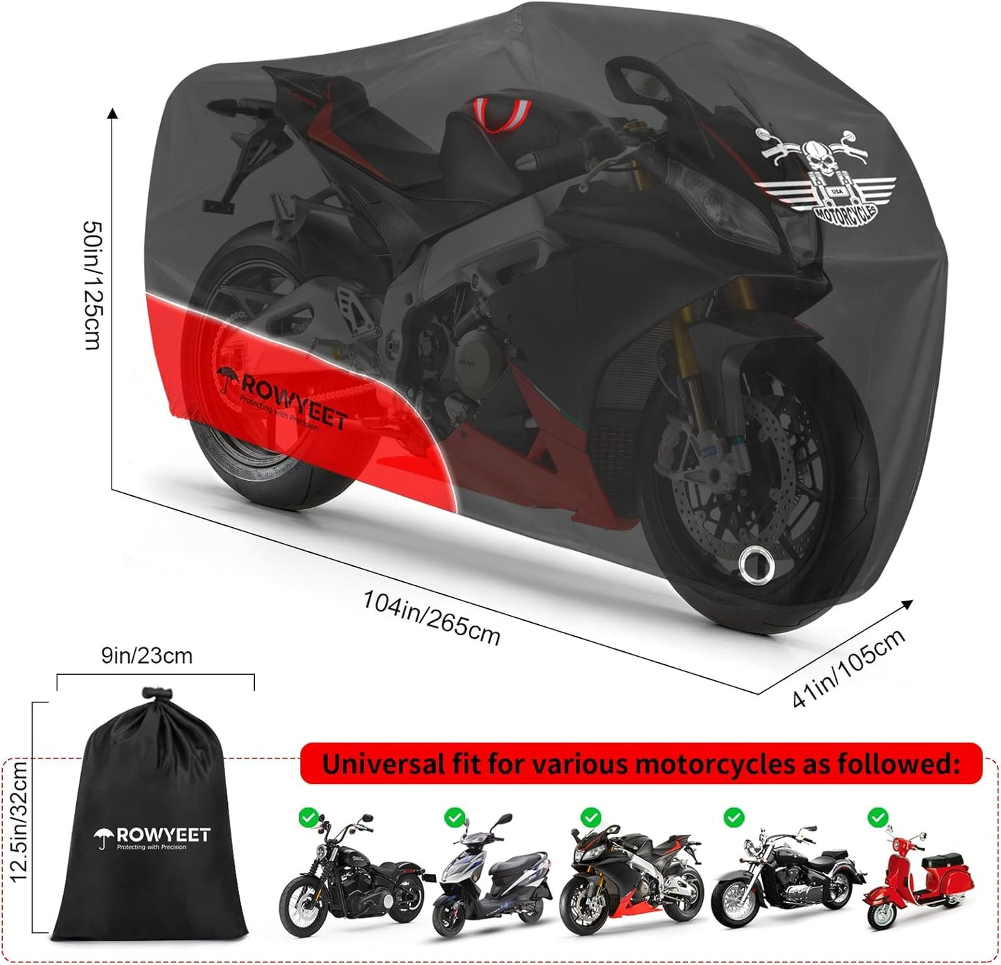 Motorcycle Cover Waterproof Outdoor Storage with Lock-Holes, Storage Bag & Night Reflective Design, Heavy Duty Protection Powersports Vehicle Covers Fits up to 96.5"-116" (420D Red, 104")