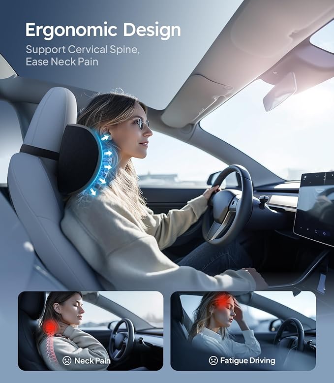 Wigoo 2025 Upgrade Car Neck Pillow [No More Pressure, Odorless] Soft Car Headrest Pillow with Adjustable Strap Removable Cover 100% Memory Foam, Fits All Vehicles (Gray 2-Pack)