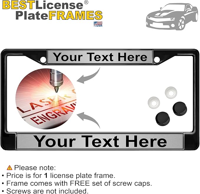 Custom Personalized Black Powder-Coated Metal Laser Engraved Standard Size - Car/Automobile License Plate Frame with Free caps - Silver/Black Text (Qty: 1 Frame)