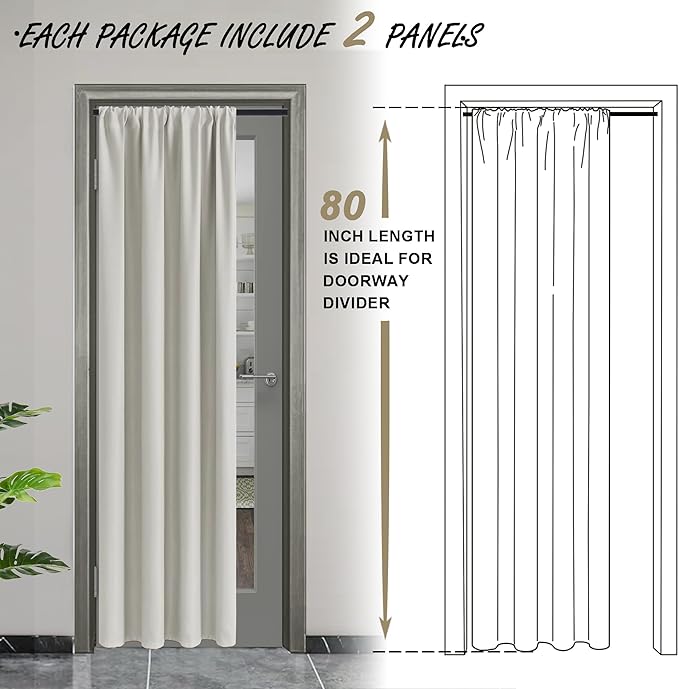 JIUZHEN Blackout Doorway Curtains 80 inch Length - 2 Panels Thermal Insulated Privacy Soundproof Rod Pocket Closet Door Curtains Room Divider for Bedroom,Office, 42 x 80 inches, Ivory
