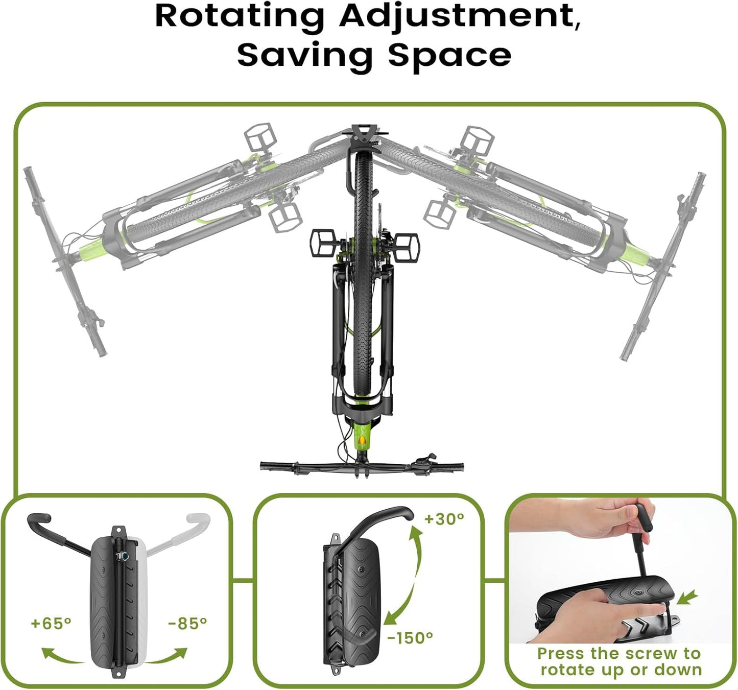 Swivel Bike Wall Mount [1 Pack], 150° Swivel Vertical Bike Rack Wall Hanger Holds up to 66lbs for Mountain/Road/Hybrid Bikes, Bike Hangers, Bicycle Storage Rack for Garage