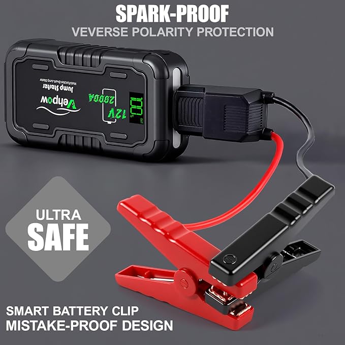 Car Battery Jump Starter, 2000A 12V Lithium Battery Booster Pack, 20000mAh Portable Jump Box, Power Bank & Emergency LED Light, Jumper Cables - for 8.0L Gas and 6.0L Diesel Engines