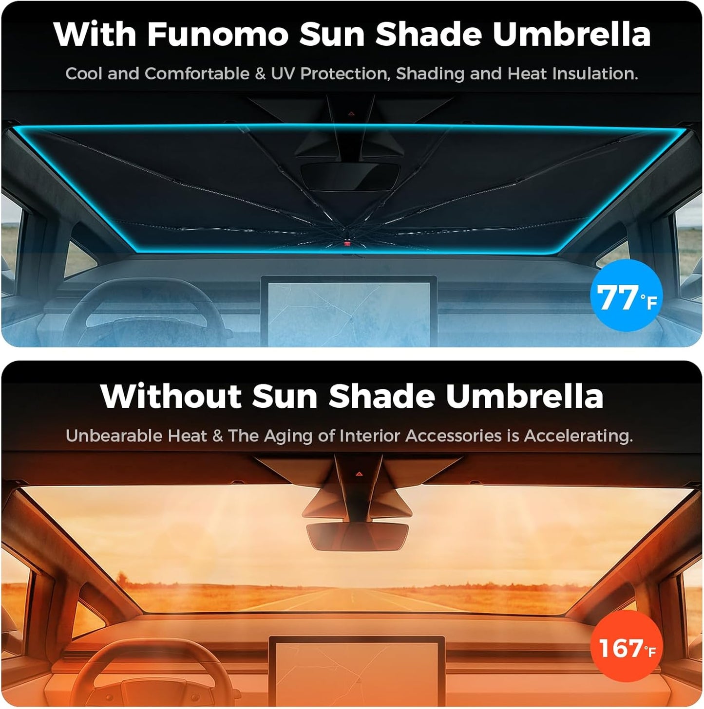 [2025 Upgrade] Cybertruck Windshield Sun Shade - Sunshade Umbrella for Tesla Cybertruck 2024 2025, Thickened Titanium Silver UV Block Coating, Front Window Heat Insulation Protection, 54''x 60''x 61''