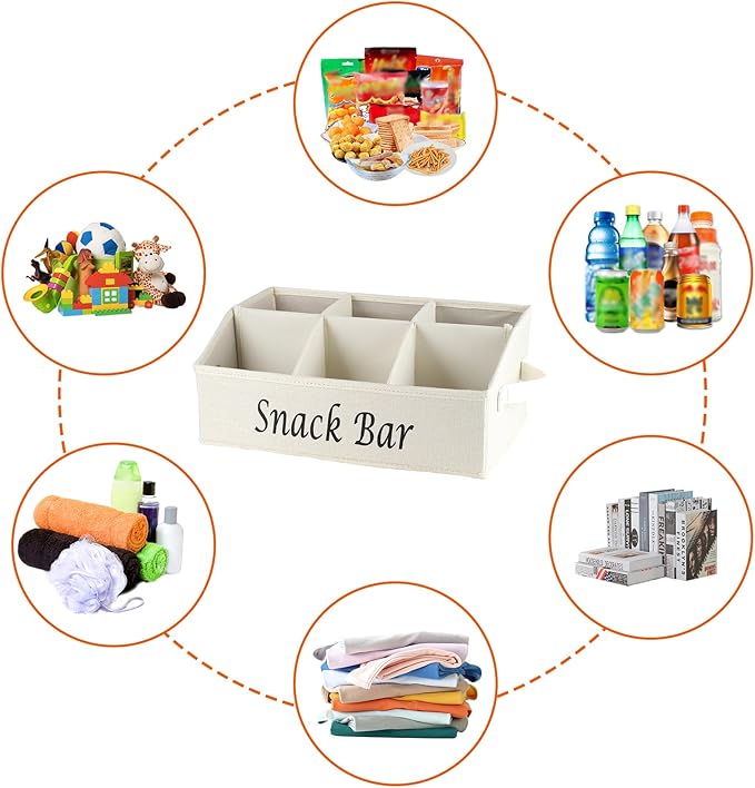 Snack Organizer for Countertop, 6 Compartment Snack Storage with Side Handle, 2 Pack Fabric Snack Basket Container, Lightweight Snack Bar Station Organizer, Kitchen Pantry Storage, Beige/Gray