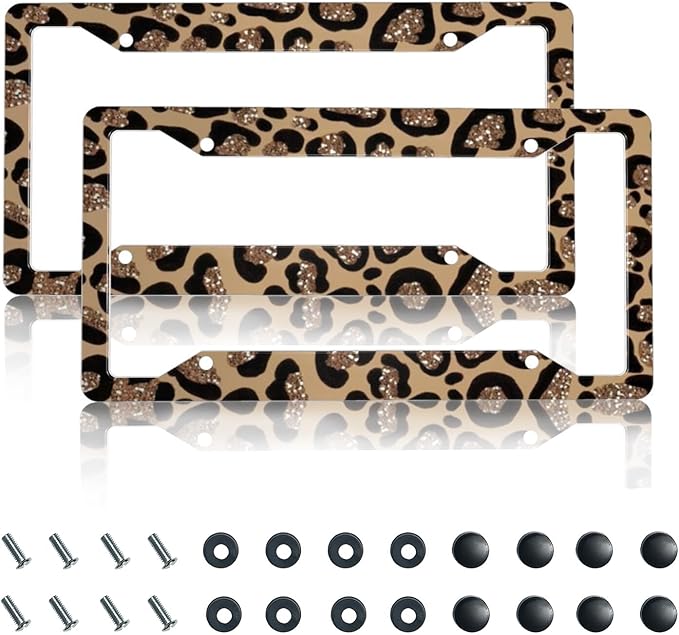 License Plate Frame 2 Pack Front Rear Aluminum Metal Rust-Proof Universal Car Tag Frames Holder with 4 Holes Car Decor Accessory with Screws for Men Women - Vintage Brown Gold Leopard