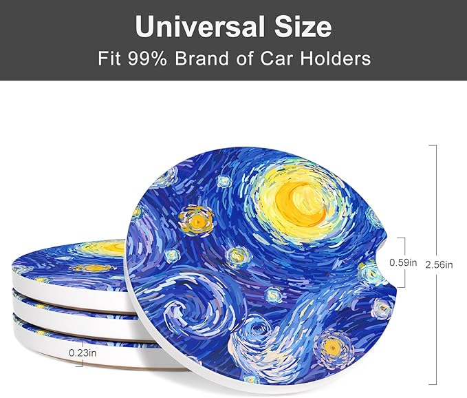 Car Cup Holder Coaster, Car Coasters for Cup Holders, 4 Pack Universal Anti Slip Insert Absorbent Ceramic Auto Interior Accessories with A Finger Notch & Cork Base, Starry Night