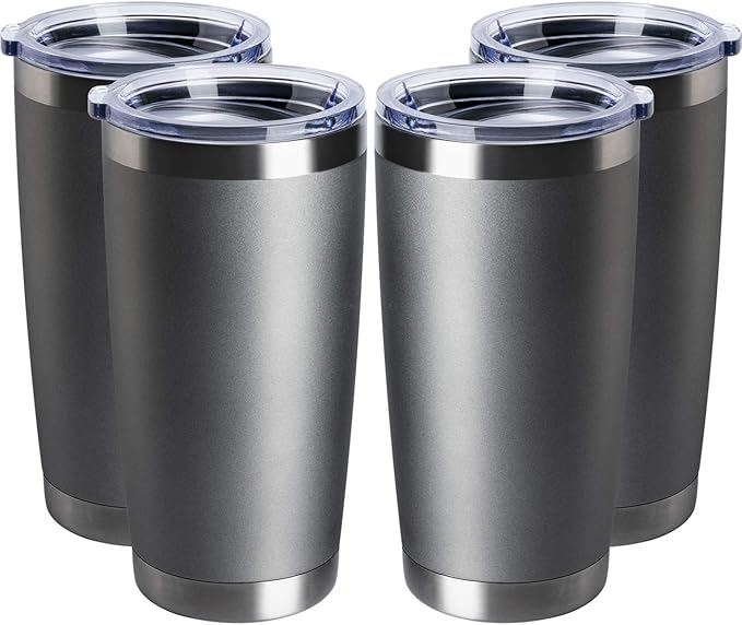 4 pack 20 OZ Double Wall Stainless Steel Vacuum Insulated Tumbler Coffee Travel Mug With Lid, Durable Powder Coated Insulated Coffee Cup for Cold & Hot Drinks (Gray, 4 pack)
