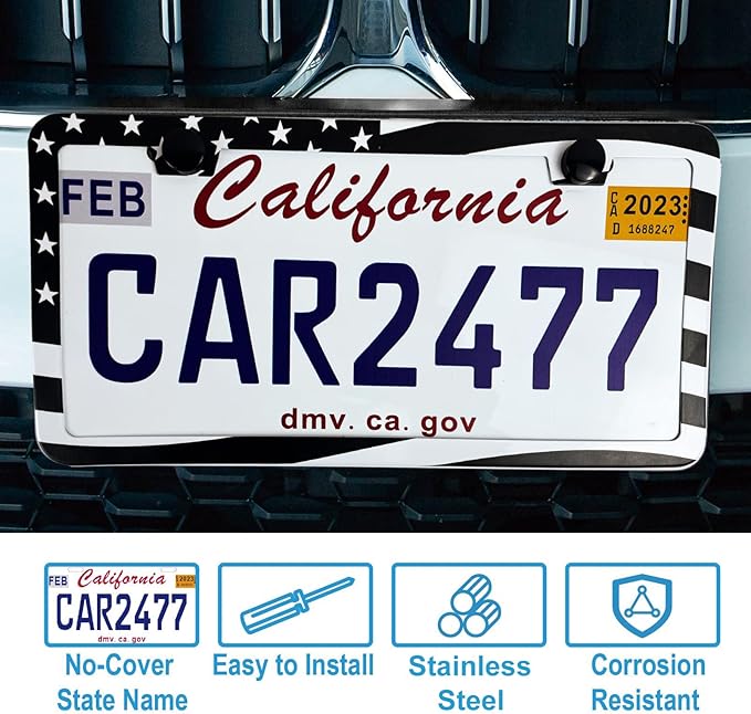 2PCS Premium American Flag License Plate Frame, Black License Plate Frames, 2 Holes Solid Stainless Steel License Plate Holder, Universal Car License Plate Frame for USA Flag, by Lengnoyp