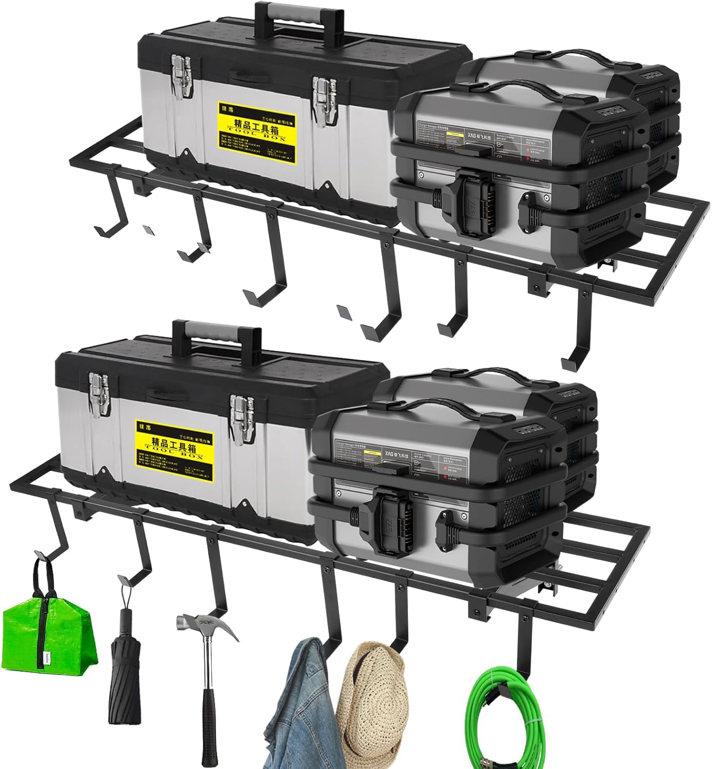 Garage Wall Shelving, 1X4 ft Garage Storage Rack,Heavy Duty Wall Mounted Storage Shelf With 12 Hooks-Each Loads 200lbs Metal Wall Shelf,Black,2Pack