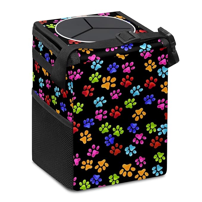 Paws Cat & Dog Print Trash Can with Lid - Collapsible, Reusable, Waterproof Car Garbage Can, Interior Car Organizer