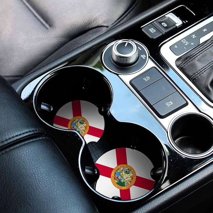 State of Florida Flag Car Coasters for Cup Holders Car Cup Holder Coasters 2 Pack for Car, Anti Slip Ceramic Car Cup Mat with Finger Notch Cute Car Interior Accessories for Women Men