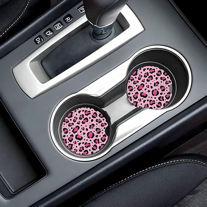 ABLESKY Car Coasters for Cup Holders, 2 Pack Absorbent Anti Slip Car Cup Holder Coasters, 2.56 Inch Ceramic Universal Size Auto Interior Accessories Women Men-Pink Leopard Spots