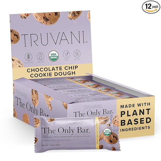Truvani Plant Based Snack Bars | Chocolate Chip Cookie Dough 12 Pack | 5g Protein | USDA Organic and Vegan | The Only Bar | Dairy, Soy, and Gluten Free | Individually Wrapped