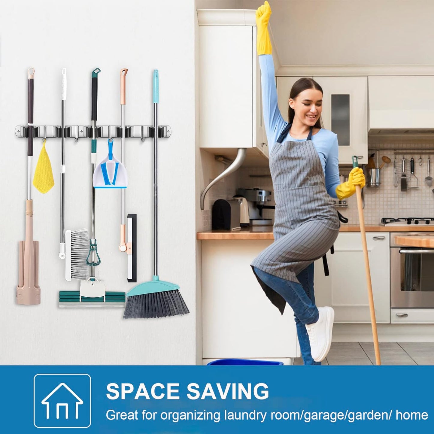 2 Pack Broom Holder Wall Mount Mop and Broom Hanger Broom Organizer Storage Tool Racks Stainless Steel Heavy Duty for Kitchen Garden Laundry Garage (5 Racks with 4 Hooks) (Copy)