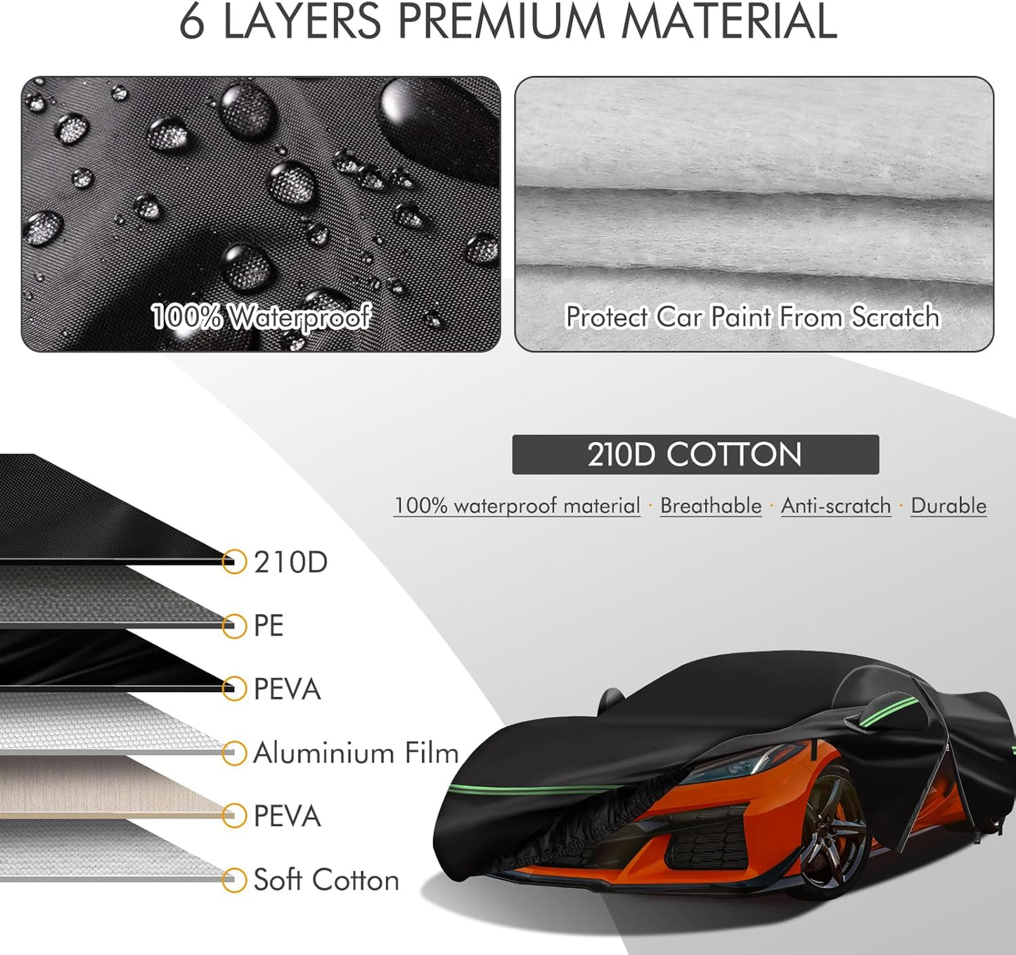 for Corvette 2020-2023 C8 Car Cover 210D Outdoor Waterproof UV Protection, with Cotton Layer, Zipper Door, Reflective Strip, Storage Bag, for Chevy C8