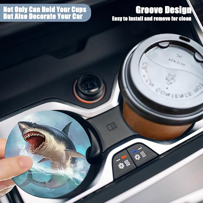 Car Cup Holder Coaster - Great White Shark Absorbent Ceramic Coaster 2 Pack, Car Coasters for Cup Holders, Fashion Car Interior Accessories Drink Coaster for Women & Men