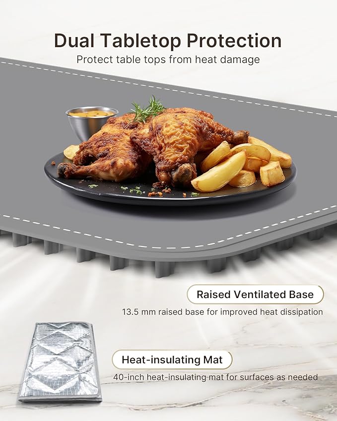 Food Warming Mat – Extra Large (40"x15"), 550W | Ideal for holidays, family gatherings, buffets. Features 7 temperature settings, child safety lock, 8-hour timer, and includes a heat-resistant mat.