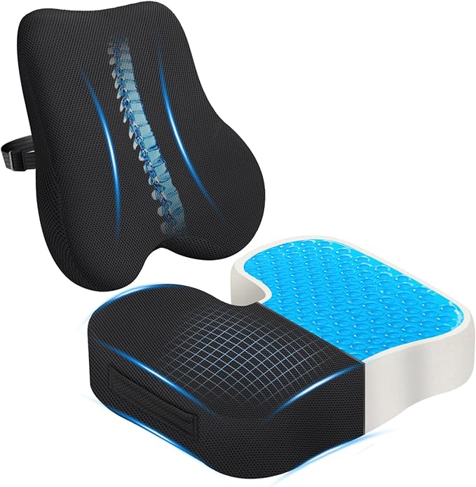 Gel-Infused Seat Cushion & Memory Foam Lumbar Pillow Set,Non-Slip Bottom，Breathable Mesh Cover，Portable Handle - Ergonomic Support for Office Chair Cushion, Car Seat Cushion and Wheelchair，Black