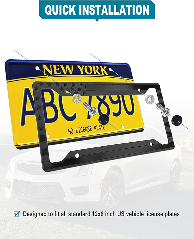 American Flag License Plate Frames- Black Plastic Patriotic Car Tag Holder with Mounting Hardware & Screws Caps，2 Pack 4 Holes for Front Rear
