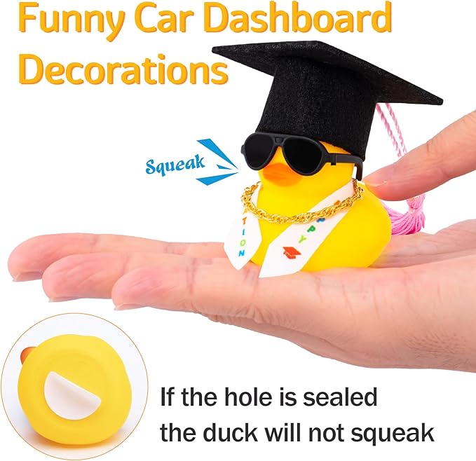 wonuu Graduation Stole Rubber Ducks, Dashboard Decorations Duck for Car Ornament Accessories with Hat Sunglasses Sash Chain (Light Blue)