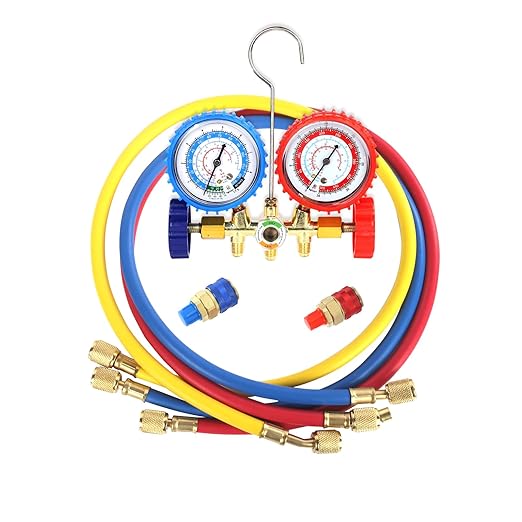 PB Motor Tech AC Diagnostic Manifold Gauge Set for R134A, R12, R22, R502 Refrigerants, Includes 4FT Three-Color Hoses and 2 Quick Couplers - Automotive & Household AC Maintenance