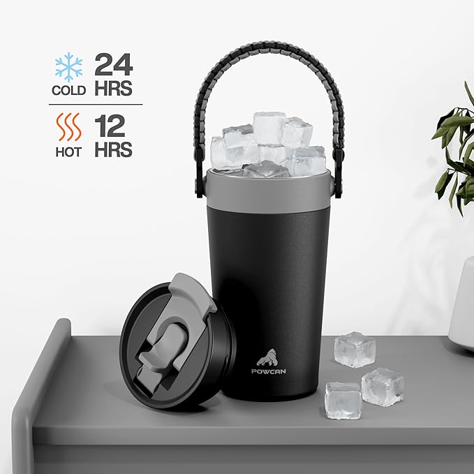 16 oz Insulated Coffee Mug for Travel: 2-in-1 Straw Flip Lid, Keep Cold 24H, Fit in Car Cupholder, Leakproof, Stainless Steel Coffee Tumbler with Handle for Work, Outdoor, Gifts and Home (Midnight)