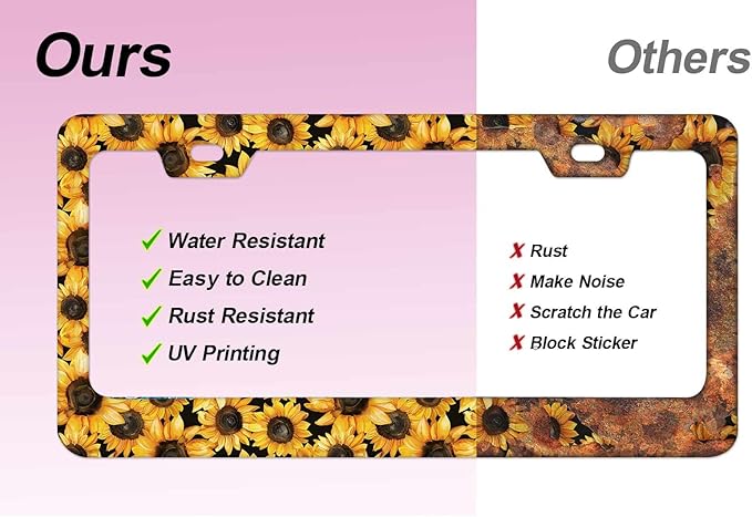 1pcs Yellow Sunflower License Plate Frame for Women, Flower Flora Car Tag Frames Girly for Vehicle with Non Adhesive Electrostatic Sticker