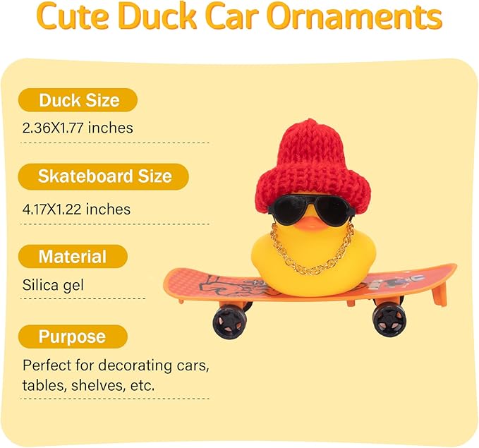wonuu Car Duck Ornament Rubber Duck Car Dashboard Decoration for Car Dashboard Decoration Accessories with Mini Hat, Necklace, Sunglasses, Chair or Skateboard