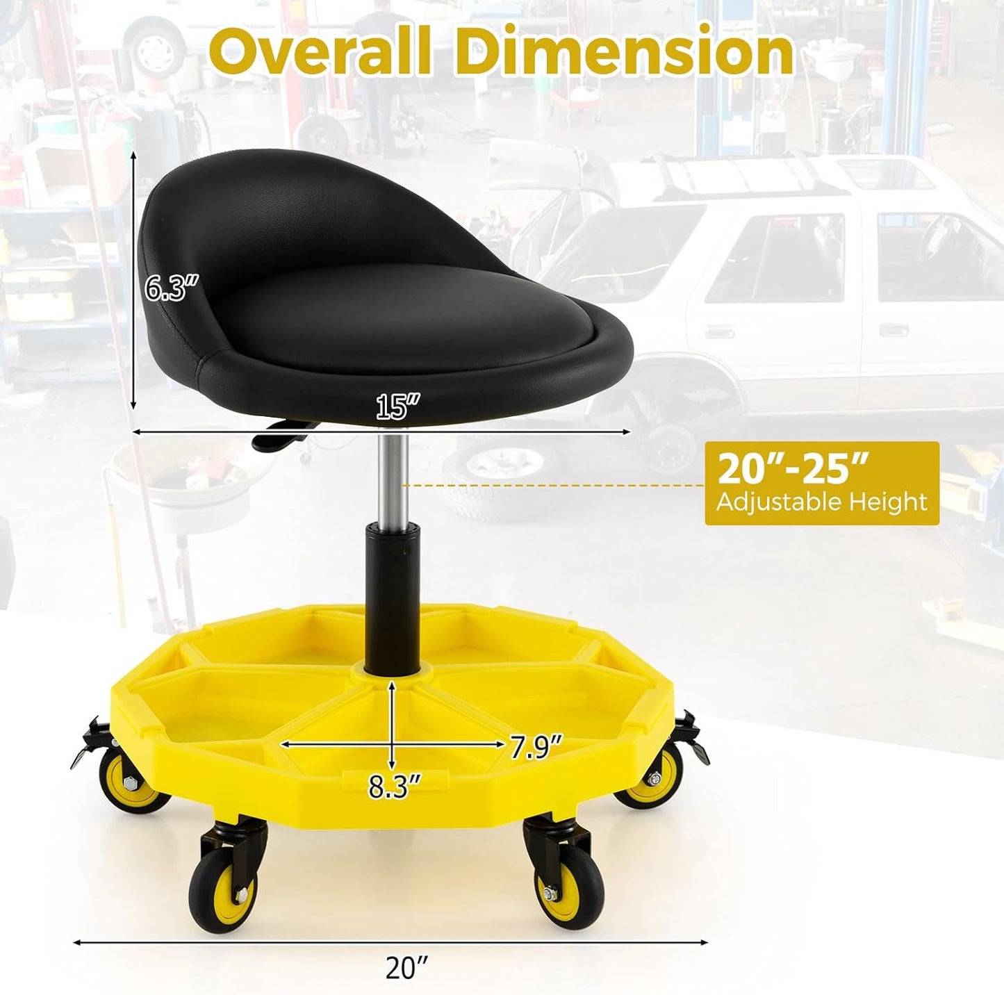 Mechanic Stool, 350 LBS Capacity Rolling Shop Stool with Lockable Wheels, 2 Magnetic Tool Trays & Padded Seat, 20"-25" Height Adjustable Workshop Chair Creeper Seat for Garage, Auto Repair