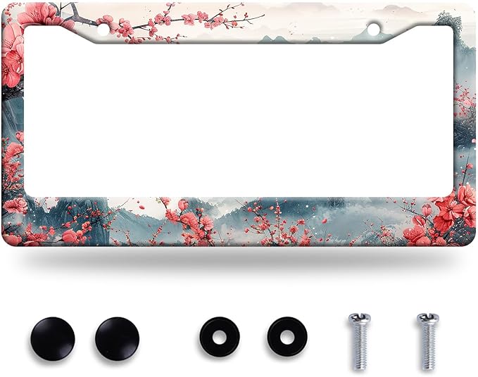 Watercolor Cherry Blossom License Plate Frame Pink Flowers License Plate Frames Funny Auto Accessory Bracket Stainless Steel Floral License Plate for Men Women 6.3 x 12.3 Inch