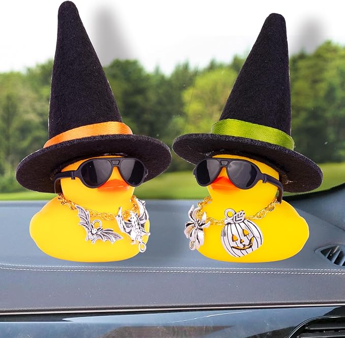 Car Rubber Duck Ornaments Halloween Duck Car Dashboard Decorations with Mini Witch Hat Sunglasses Necklace Halloween Accessories for Halloween Themed Gifts(W11-B&Orange Ribbon)