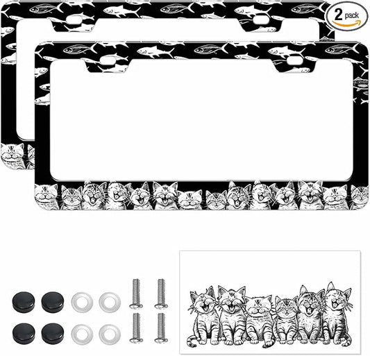 2pcs Black White Cat Fish Plate Frame for Women, Kitten Fish car tag Frames Girly for Vehicle with Non Adhesive Electrostatic Sticker