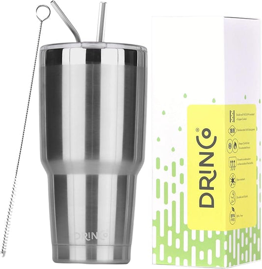 Drinco - 30 oz Stainless Steel Tumbler | Double Walled Vacuum Insulated Mug With Lid, 2 Straws, For Hot & Cold Drinks (30oz Stainless Steel, 30oz)