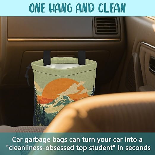 Car Garbage Bag Retro Orange Sun Mountain Hanging Canvas Car Trash Bag Waterproof Drawstring Car Back Seat Organizer for Car Back Front Seat Console with Adjustable Buckle
