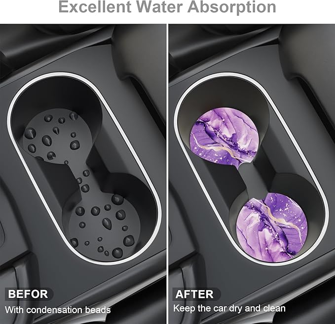 Car Cup Holder Coaster, Car Coasters for Cup Holders, 2 Pack Universal Anti Slip Insert Absorbent Ceramic Auto Interior Accessories with A Finger Notch & Cork Base, Purple Marble