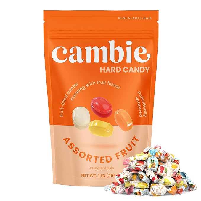 Assorted Fruit Hard Candy Individually Wrapped by Cambie, 1 lb of Fruit Candy with a Deliciously Sweet Hard Exterior with a Soft, Decadent Filled Center